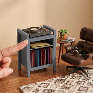 Pu&ograve; includere: Un mobiletto in miniatura in legno grigio con un giradischi sulla parte superiore, un ripiano centrale aperto con una busta beige e un ripiano inferiore pieno di una fila di dischi in vinile colorati, accanto a una poltrona marrone.