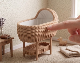 May include: A 1:12 scale wicker bassinet with a light brown woven texture and a white interior lining. The bassinet features a curved hood, a raised sleeping area, and a lower storage shelf supported by four thin legs. Text reads: 1:12 SCALE WICKER BASSINET | ACCESSORIES NOT INCLUDED.