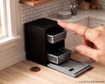 1:12 Scale Miniature Dishwasher | Opening Door + Slide Out Racks | Dollhouse Kitchen Appliance | 3D Printed