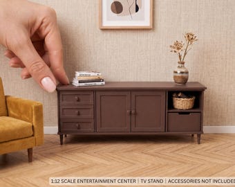 1:12 Scale TV Stand, Miniature Entertainment Center with Working Drawers and Doors, Modern 3D Printed Dollhouse Furniture