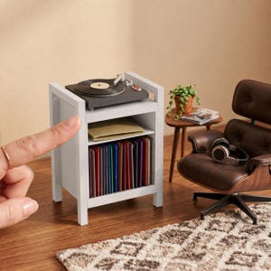 Pu&ograve; includere: Un mobiletto in miniatura in legno bianco con un giradischi nero sopra, un ripiano centrale con una busta color marrone chiaro e un ripiano inferiore pieno di dischi in vinile colorati. Accanto c'&egrave; una poltrona marrone con cuffie.
