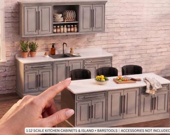 1:12 Scale Kitchen Set with Island and Chairs, Miniature Upper Lower Cabinets with Sink, 3D Printed Dollhouse Furniture
