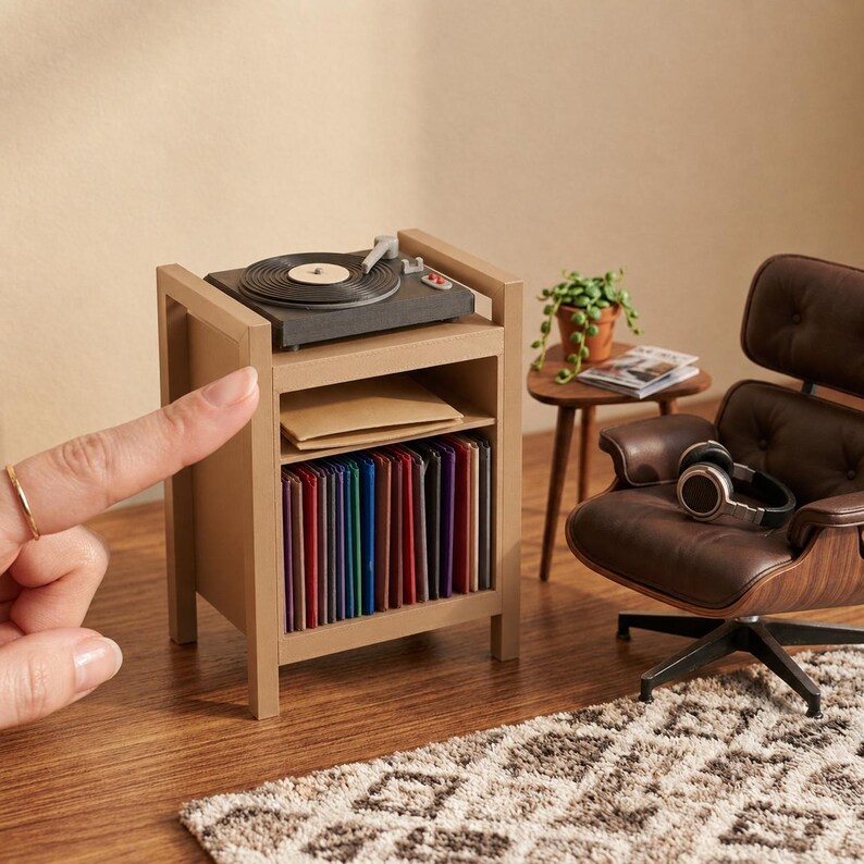 Pu&ograve; includere: Un supporto in miniatura in legno per giradischi con un piatto nero sopra, un ripiano con una busta beige e un ripiano inferiore pieno di dischi in vinile colorati. Accanto c'&egrave; una poltrona lounge in miniatura in pelle marrone.