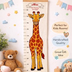 May include: Handmade punch needle height chart featuring a giraffe design. The chart, with measurements in inches, has a wooden bar at the top and includes the text "Mina My Growing Up Chart!" and "Handmade Punch Needle Height Chart".