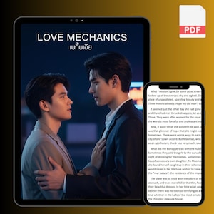 Pode incluir: Ilustração digital de dois homens de terno, um de frente para o outro, com o título "LOVE MECHANICS" em texto branco. A imagem é exibida em um tablet e um smartphone, com um ícone PDF no canto.