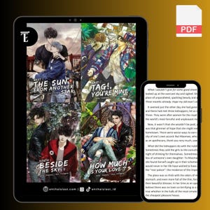 以下が含まれることがあります： デジタルタブレットとスマートフォンには、男性の姿とテキストが描かれた4冊の本の表紙が表示されています。タブレットには「The Sun From Another Star」、「Tag！、You're Mine」、「Beside The Sky」、「How Much Is Your Love？」が表示されています。スマートフォンにはテキストが表示されています。enthalsiast.comのウェブサイトが表示されています。