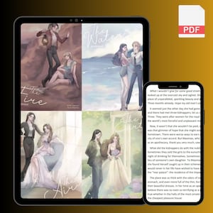 May include: A digital illustration featuring four panels with figures and text, each labeled with a title: "The Fire", "The Water", "The Air", and "The Earth". A PDF icon is visible in the upper right corner, and a smartphone displays text.