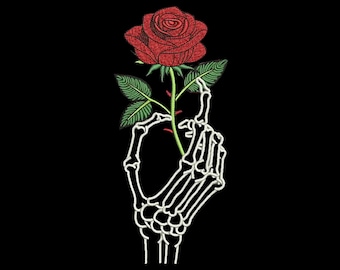 Skeleton Hand Rose Embroidery Design, Gothic Rose Embroidery, Skull Hand Flower, 3 Sizes, Instant Download
