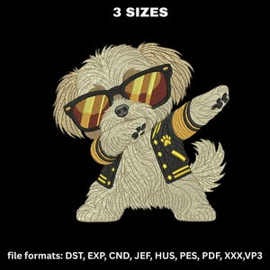 Puede incluir: Un diseño de bordado que muestra a un perro de color claro con gafas de sol negras y una chaqueta universitaria negra y amarilla, realizando una pose dab. El texto 3 SIZES aparece arriba y los formatos DST, EXP, CND, JEF, HUS, PES, PDF, XXX, VP3 abajo.