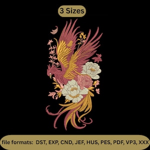 May include: An embroidered design of a phoenix with outstretched wings, in shades of red, gold, and cream, surrounded by flowers, on a black background. The text "3 Sizes" is at the top, and "file formats: DST, EXP, CND, JEF, HUS, PES, PDF, VP3, XXX" is at the bottom.