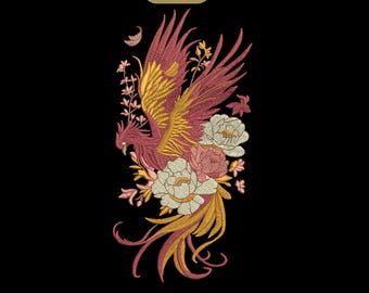 Phoenix Bird Floral Embroidery Design, Elegant Phoenix Machine Embroidery Pattern, Flower Bird Embroidery, 3 Sizes, Instant Download