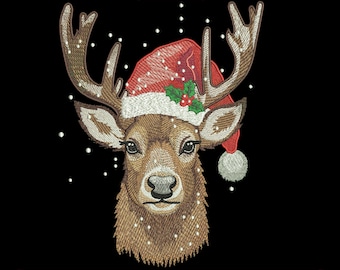 Christmas Reindeer Embroidery Design, Deer with Santa Hat Machine Embroidery, Holiday Animal Pattern, 3 Sizes, Instant Download