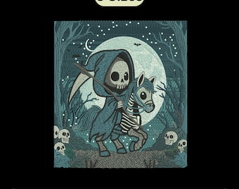 Grim Reaper on Skeleton Horse Embroidery Design, Halloween Spooky Machine Embroidery File, DST PES 3 Sizes, Instant Download