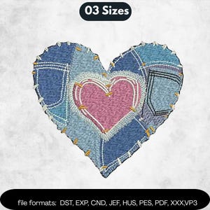 Denim Heart Embroidery Design, Patchwork Heart Embroidery File, Jeans Patch Style, Cute Heart Stitch Design, 3 Sizes, Instant Download