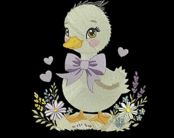 Cute Duck Embroidery Design with Bow, Baby Duckling with Hearts, Adorable Animal Nursery Embroidery, 3 Sizes, Instant Download