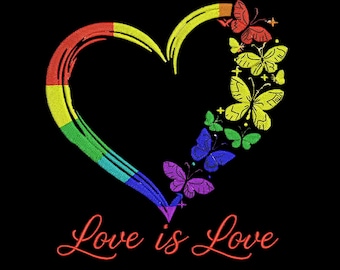 Love Is Love Rainbow Heart Embroidery Design, Butterfly Pride Embroidery, 3 Sizes, Instant Download