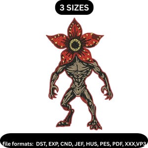 May include: Embroidered patch featuring a Demogorgon creature with a red, petal-like head and a humanoid body. The patch includes the text "3 SIZES" and lists file formats. The Demogorgon has a detailed design with a textured appearance.