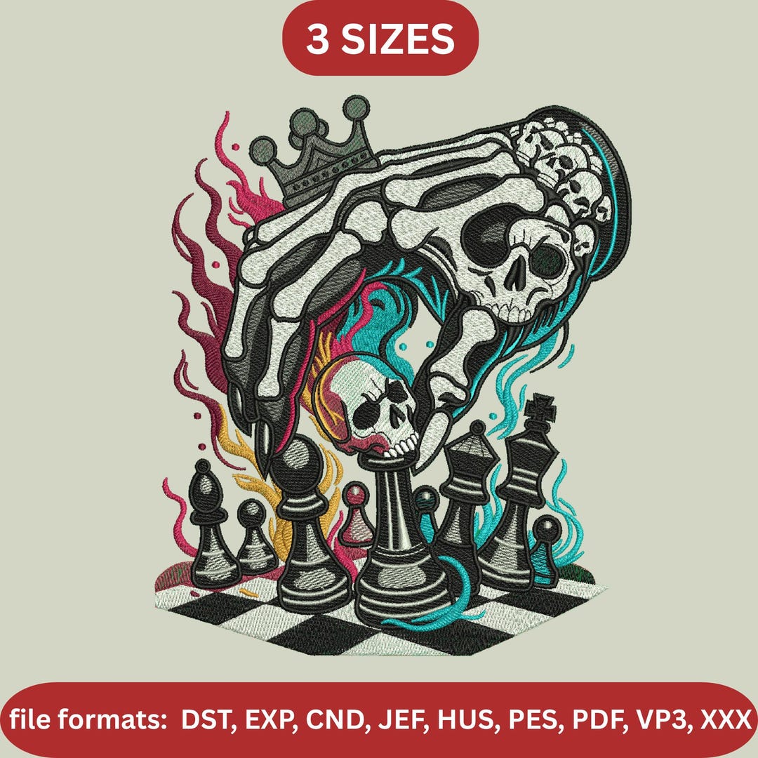 Chess Horror Skull Hand Chess Embroidery Design, Gothic Skeleton King Chess Board ...