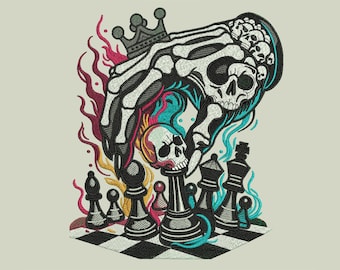 Skull Hand Chess Embroidery Design, Gothic Skeleton King Chess Board Pattern, Horror Skull Flame Stitch Design, 3 Sizes, Instant Download