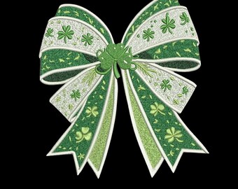 Shamrock Bow Embroidery Design, St Patrick’s Day Hair Bow Clover, Irish Green Ribbon Machine Embroidery, 3 Sizes, Instant Download