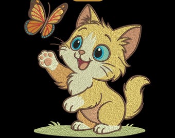 Kitten and Butterfly Embroidery Design, 3 Sizes, Instant Download