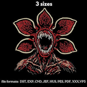 Pode incluir: Patch bordado com um design Demogorgon nas cores vermelho e creme sobre um fundo preto. A imagem inclui o texto "3 tamanhos" e uma lista de formatos de arquivo: DST, EXP, CND, JEF, HUS, PES, PDF, XXX, VP3.