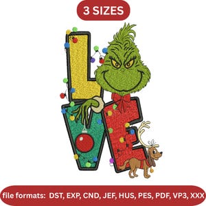 Puede incluir: Un diseño navideño con la palabra "LOVE", la "L" en amarillo, la "O" reemplazada por la cara del Grinch, la "V" en verde y la "E" en rojo. El diseño incluye un reno y luces navideñas. También está presente el texto "3 SIZES" y los formatos de archivo.