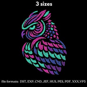 May include: An embroidered owl design in teal, purple, and pink on a black background. The image includes the text "3 sizes" and a list of file formats. The owl is stylized with detailed feather patterns.