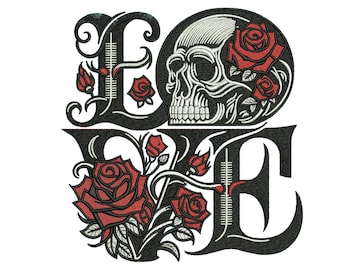 LOVE Skull Roses Embroidery Design, Gothic Romantic Skull Machine Embroidery, Red Roses Tattoo Style, 3 Sizes, Instant Download