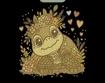 May include: An embroidered turtle design with a floral crown, hearts, and flowers. The text "3 Sizes" is at the top, and "file formats: DST, EXP, CND, JEF, HUS, PES, PDF, VP3, XXX" is at the bottom. The design is in shades of tan and green on a black background.