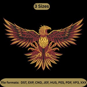 May include: Embroidered design of a phoenix with outstretched wings in shades of red, gold, and black. The text "3 Sizes" is above the design. Below the design, the text reads "file formats: DST, EXP, CND, JEF, HUS, PES, PDF, VP3, XXX".