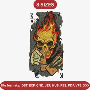 May include: Embroidered design featuring a flaming skull playing cards. The skull is yellow and red, with flames rising from its head. The design includes the text "3 SIZES" and file format information.