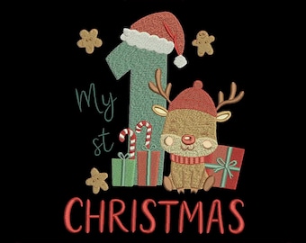 初めてのクリスマス刺繍デザイン、初めてのクリスマストナカイの赤ちゃん、3サイズ、すぐにダウンロード