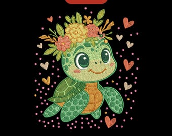 May include: An embroidered design of a cartoon turtle wearing a floral crown, with hearts on a black background. The text "3 Sizes" is at the top, and "file formats: DST, EXP, CND, JEF, HUS, PES, PDF, VP3, XXX" is at the bottom.