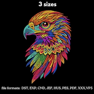 May include: A colourful embroidered eagle head design, featuring shades of orange, yellow, blue, purple, and red, set against a black backdrop. The text "3 sizes" is above the design. The image also lists file formats.