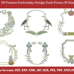 May include: A digital collection of six embroidery frame designs featuring various motifs including monkeys, birds, an apple, a pencil, pumpkins, and a teddy bear. The text at the top reads 06 Frames Embroidey Design Each Frame 10 Sizes.