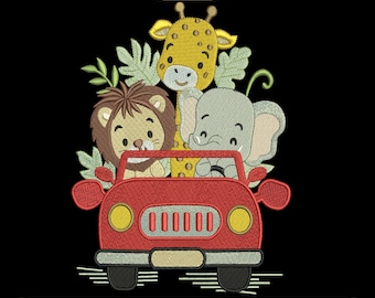 Safari Animals Car Embroidery Design, Lion, Giraffe, Elephant, 3 Sizes, Instant Download
