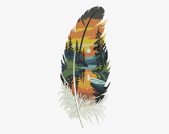 Feather Landscape Embroidery Design, Nature Sunset Forest Scene Machine Embroidery, Boho Feather Pattern, 3 Sizes, Instant Download