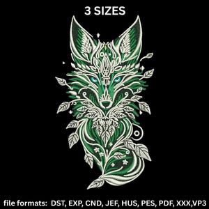 May include: An embroidered design of a stylized fox with green and white details, featuring leaf and floral accents. The text "3 SIZES" is at the top. The image also lists file formats: DST, EXP, CND, JEF, HUS, PES, PDF, XXX, VP3.