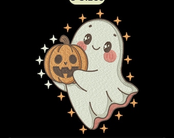 Cute Ghost Halloween Embroidery Design with Pumpkin, Kawaii Machine Embroidery File, DST PES, 3 Sizes, Instant Download