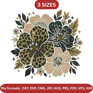 Può includere: Un ricamo floreale con fiori nei motivi color cuoio, neri e leopardati, circondati da foglie e piccoli fiori. Il testo "3 SIZES" è in alto e "file formats: DST, EXP, CND, JEF, HUS, PES, PDF, VP3, XXX" in basso.