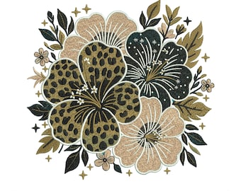 May include: An embroidered floral design featuring flowers in tan, black, and leopard print patterns, surrounded by leaves and small flowers. The text "3 SIZES" is at the top, and "file formats: DST, EXP, CND, JEF, HUS, PES, PDF, VP3, XXX" is at the bottom.
