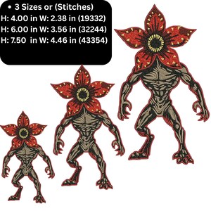 Pode incluir: Patches bordados com um design de monstro Demogorgon em tr&ecirc;s tamanhos: 10,16 cm x 6,05 cm, 15,24 cm x 9,04 cm e 19,05 cm x 11,33 cm. Os patches mostram uma cabe&ccedil;a vermelha em forma de flor e um corpo cinza musculoso.
