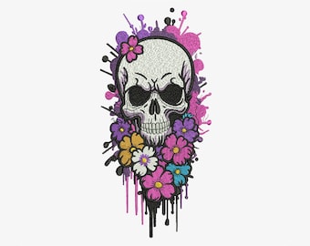 Diseño de bordado de calavera con flores, patrón de calavera floral, bordado a máquina de calavera gótica colorida, 3 tamaños, descarga instantánea