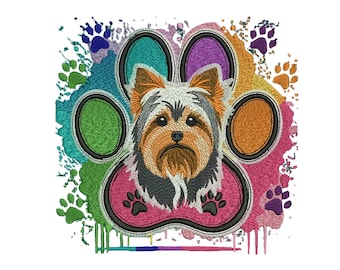 Yorkshire Terrier Embroidery Design, Cute Puppy Embroidery File, Yorkie Paw Print Embroidery File, 3 Sizes, Instant Download