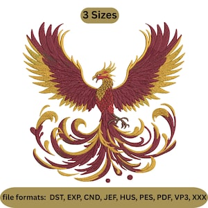 May include: An embroidered phoenix design in burgundy and gold. The bird has detailed feather patterns and outstretched wings. The text "3 Sizes" is above the phoenix, and the text "file formats: DST, EXP, CND, JEF, HUS, PES, PDF, VP3, XXX" is below.