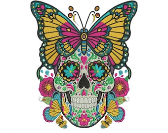 Butterfly Sugar Skull Embroidery Design, Floral Skull Pattern, Day of the Dead Machine Embroidery, 3 Sizes, Instant Download