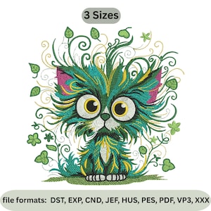 May include: An embroidered design of a whimsical cat with large, expressive eyes and a fluffy, textured appearance. The cat is primarily teal and green, with yellow and pink accents. The design includes leafy vines and the text "3 Sizes".