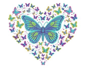 Butterfly Heart Embroidery Design, Colorful Butterfly Machine Embroidery Pattern, Embroidery file, 3 Sizes, Instant Download