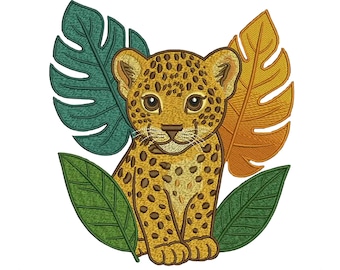 Cute Leopard Embroidery Design, jungle Animal Machine Embroidery, Baby Leopard with Leaves, 3 Sizes, Instant Download